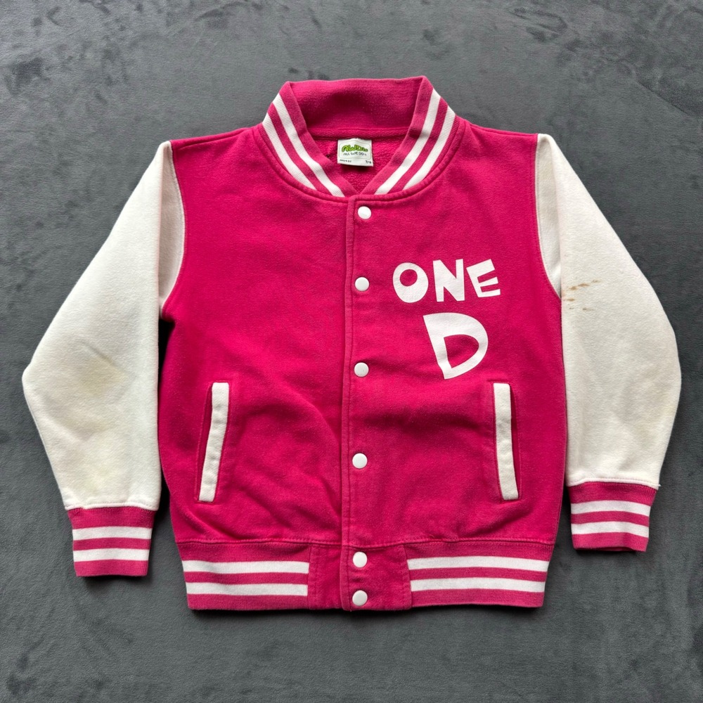 AWDis One Direction Pink Varsity Jacket Girls 7/8 1D Band Graphic Snap Front